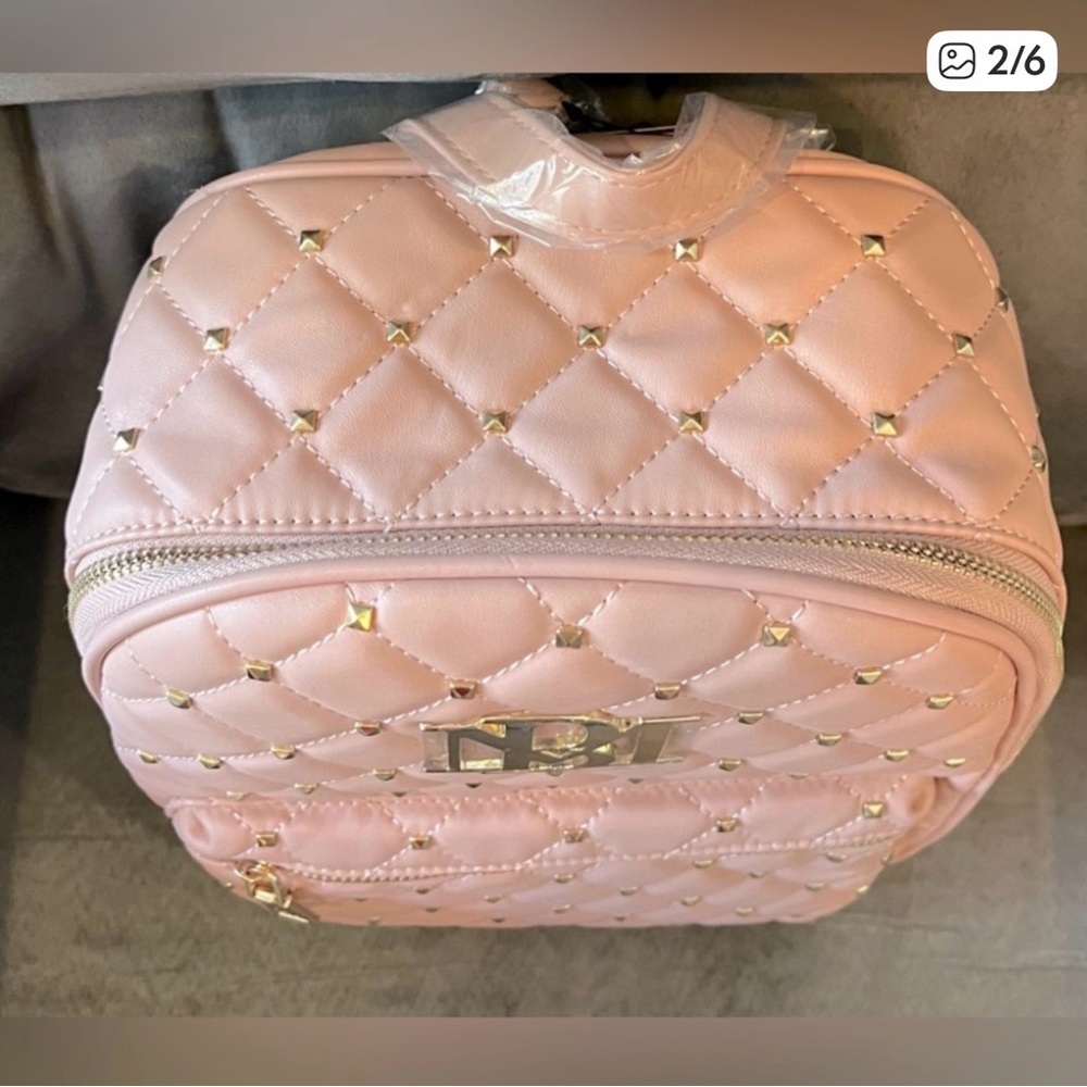 Pink Quilted Studded Backpack with Gold Monogram - Picture 2 of 6